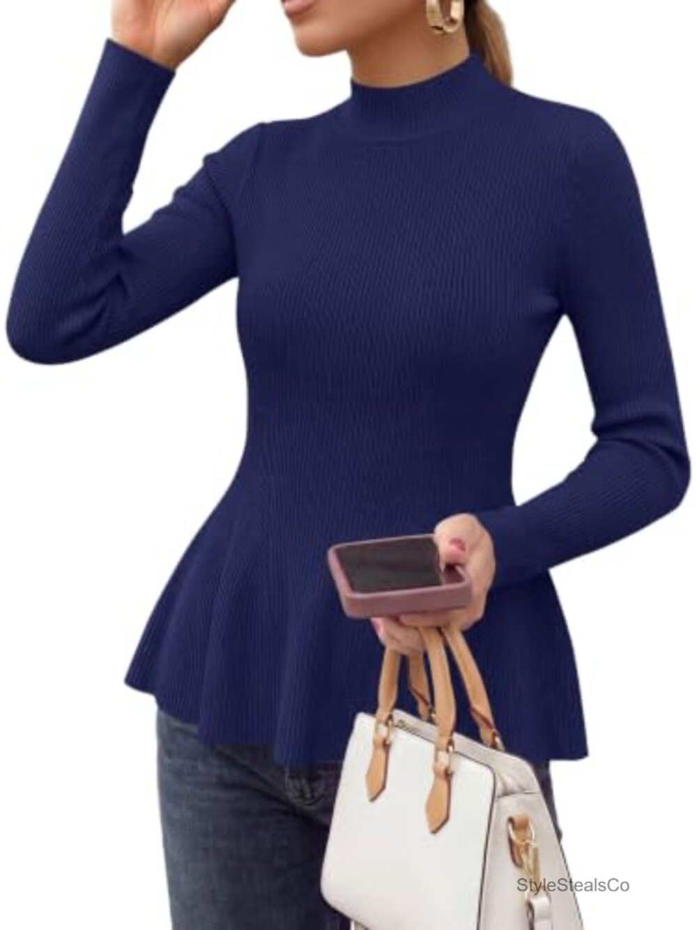 Mock Neck Peplum Sweater Ribbed Knit Ruffle Hem Slim Fit